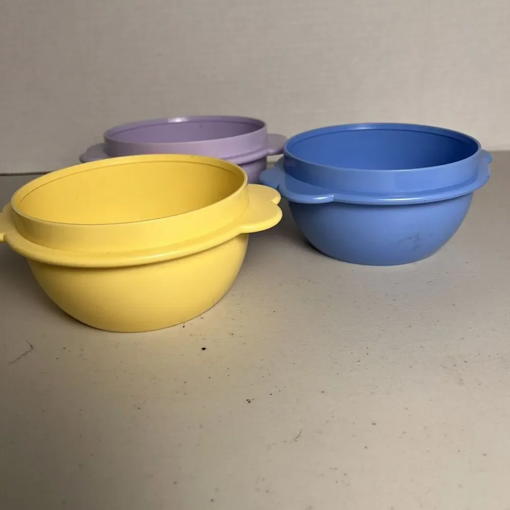 Tupperware #2514 Butterfly One Touch Containers Purple Yellow Blue NO lids 400ml